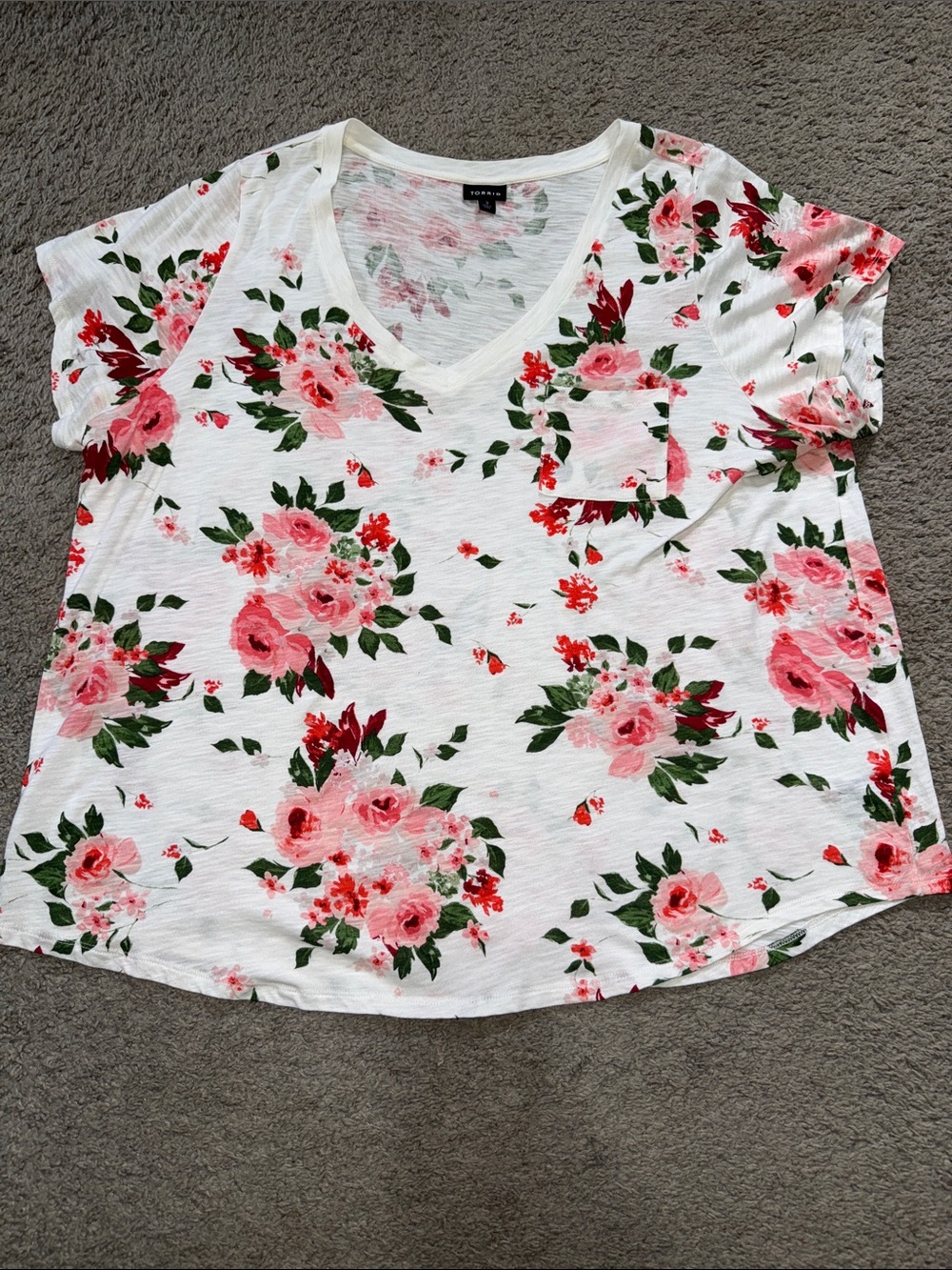 Torrid Floral V-Neck Pocket Tee - White with Pink Floral